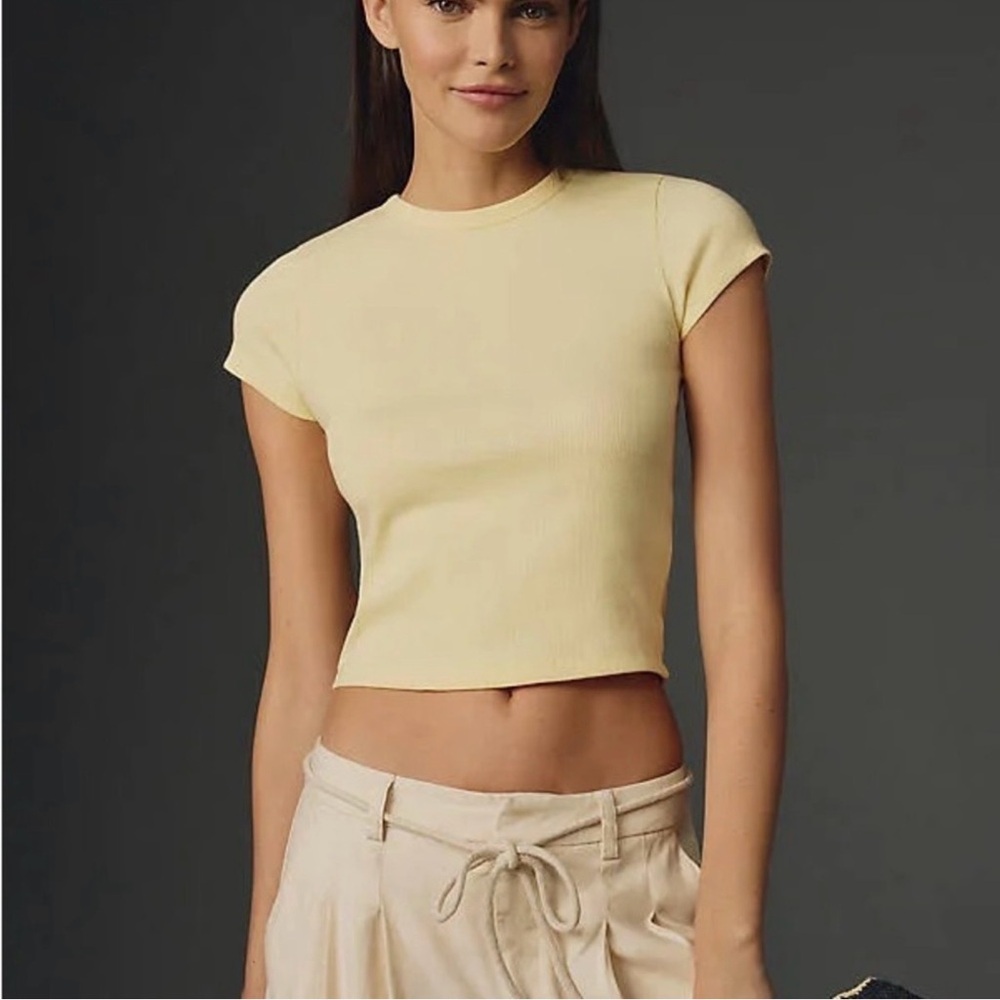 Maeve Blair Stretch Cotton Crop Tee, Anthropologie, L, 
 Light Yellow